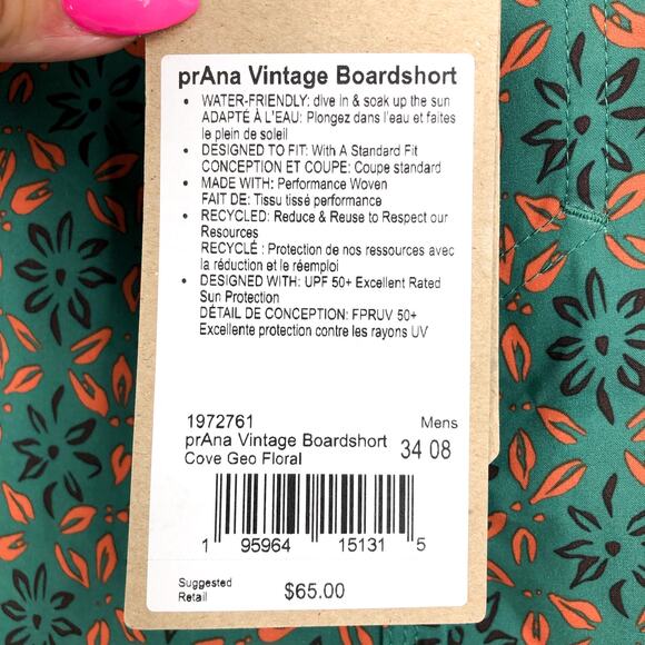 PRANA Men's Vintage Boardshort Size 34 Green Cove Geo Floral 8" Inseam Swim NWT - Picture 9 of 9